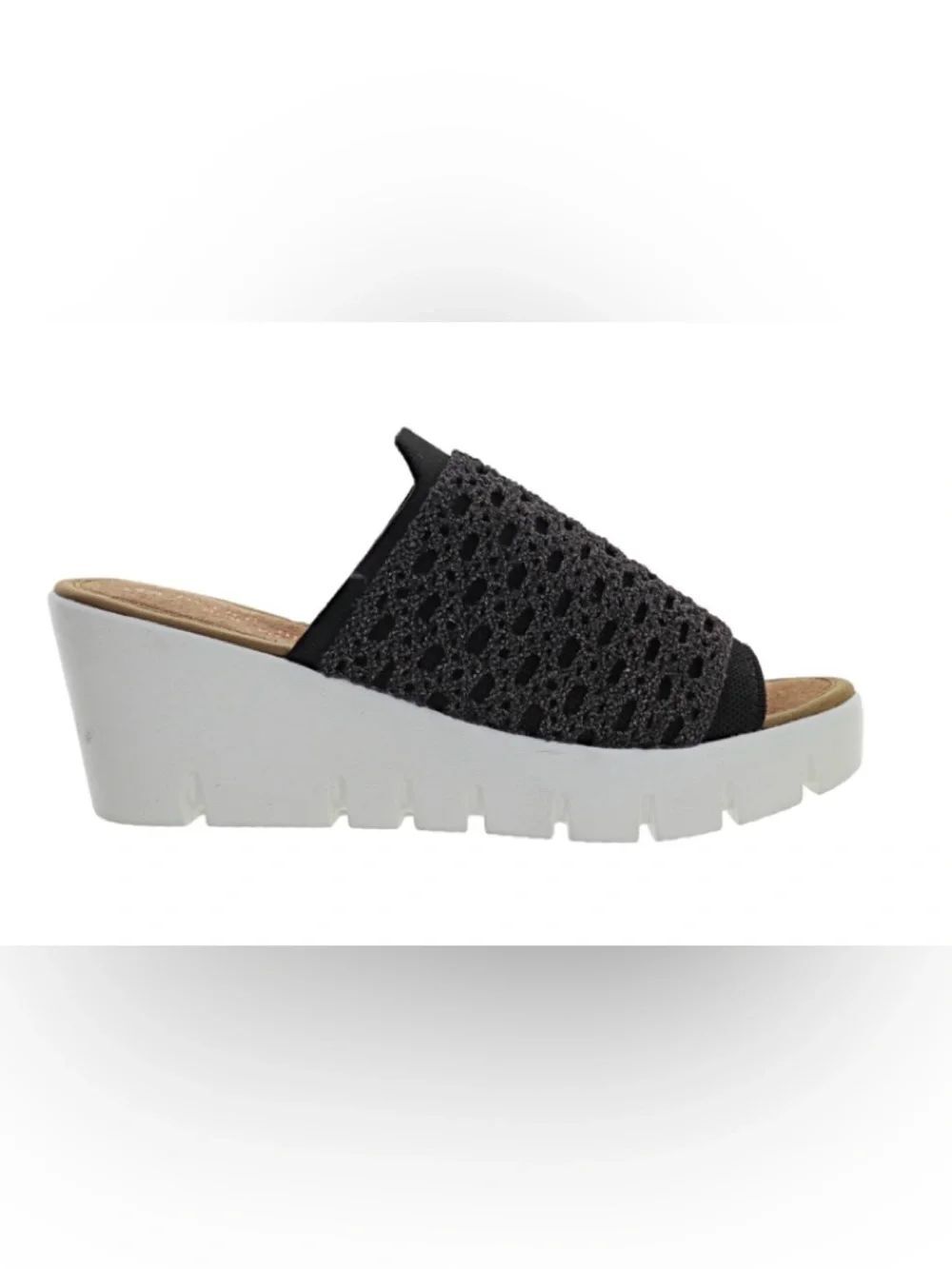Bernie Mev. VENTI Black Bronze Metallic Crochet Stretch Wedge Heel Slide Sandals